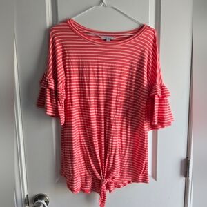 White Birch Coral Pink Striped Ruffle Sleeve Tee